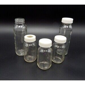 Evenflo Glass Baby Bottles With White Plastic Lids 4 oz And 8 oz Lot of 5 USA